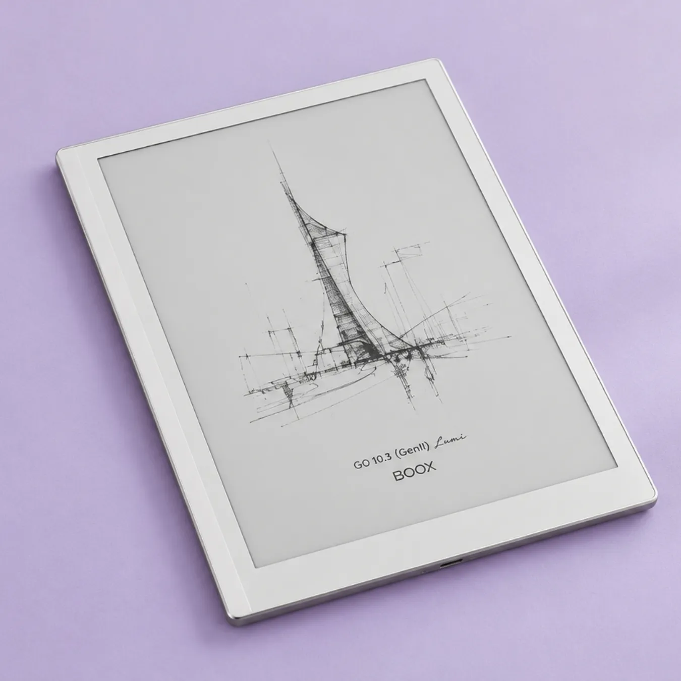 Boox Go 10.3 (Gen II) Lumi with a sketch on screen, on a lilac background
