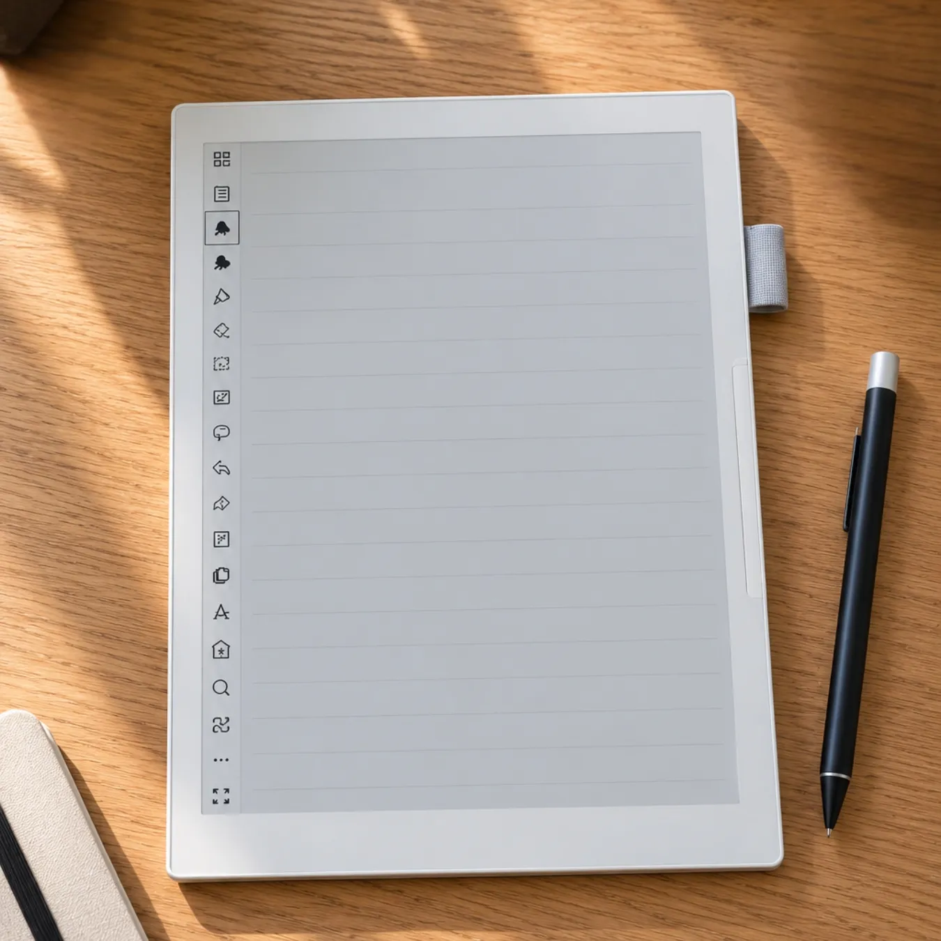 Supernote Manta on a wooden table with its pen